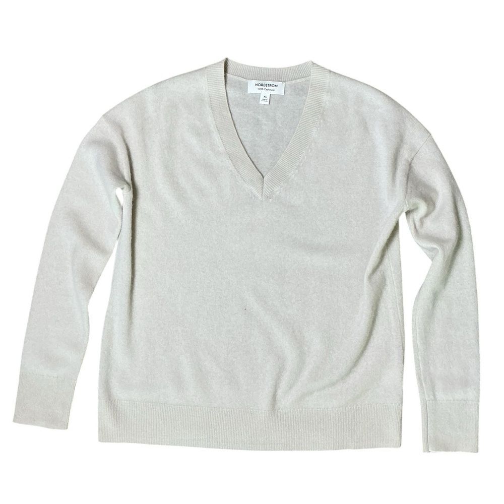 Nordstrom 100% Cashmere Sweater V Neck Ivory Cream Size XS